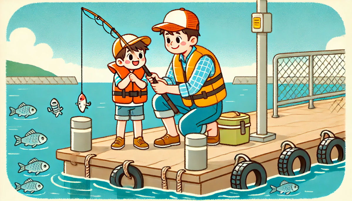 晴れた日の堤防で、ライフジャケットを着た子どもが魚を釣り上げ、親が笑顔で見守る親子の釣り風景を描いたイラスト。穏やかな海と青空が広がる、明るく温かな雰囲気のファミリー向けイメージ。