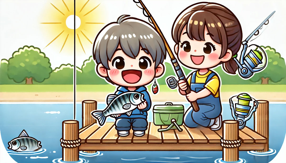 桟橋でサビキ釣りやウキ釣りを楽しむ子どもが、小さなアジやブルーギルを釣り上げて喜んでいる様子のイラスト。そばで親が笑顔で見守り、明るく穏やかな水辺に初心者向けの道具が並ぶ、親しみやすい雰囲気の場面。