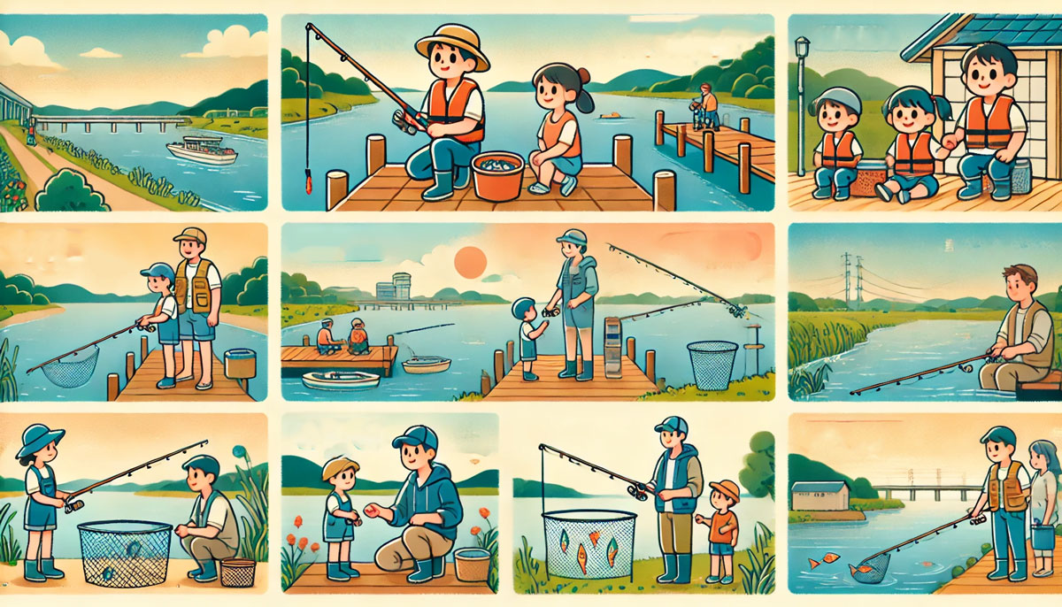 関東・関西のさまざまなファミリー向け釣りスポットを描いたイラスト。海辺の堤防、静かな川辺、管理釣り場などで親子が釣りを楽しんでいる様子が描かれ、自然に囲まれた明るく安全な雰囲気が表現されている。