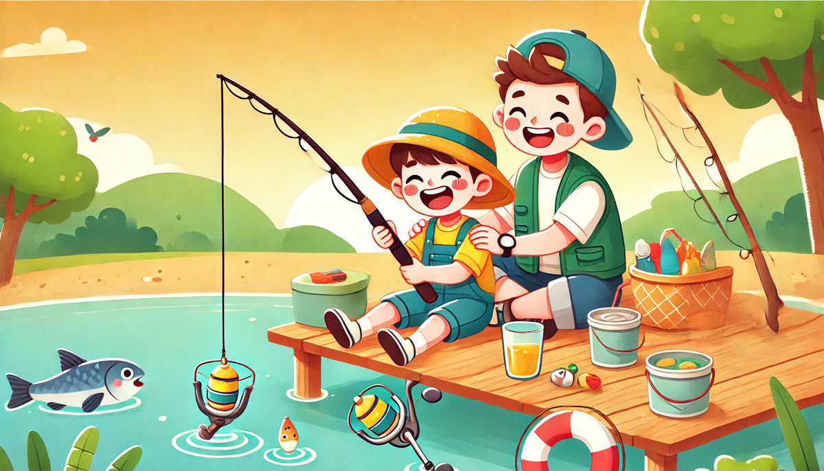 ウキが揺れるのを見て笑っている子どもと、釣り竿をサポートする親の姿を描いたイラスト。そばには軽食と飲み物が置かれたテーブルがあり、初心者でもリラックスして釣りを楽しめる自然豊かな穏やかな雰囲気が表現されている。