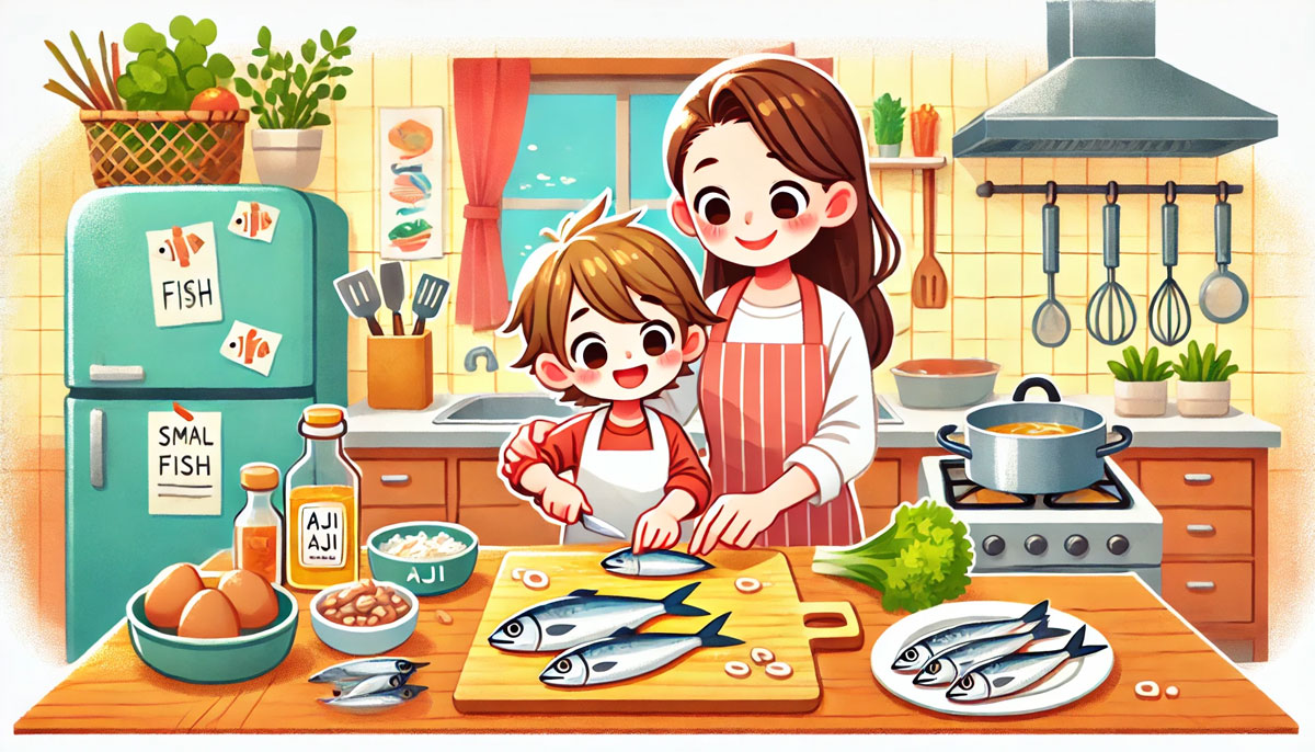 明るい家庭のキッチンで、親子がアジやイワシなどの釣った魚を笑顔で調理しているイラスト。子どもが料理を手伝い、親が見守る温かい雰囲気で、調理器具や色とりどりの料理が並ぶ楽しい家庭料理の風景。