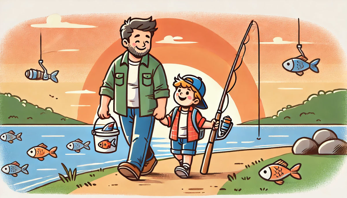 釣りを終えて帰路につく親子が、夕焼けの水辺沿いの道を笑顔で歩くイラスト。子どもは魚の入ったバケツを持ち、親は釣り竿を肩にかけている。温かく穏やかな雰囲気の中で、充実した一日を締めくくる様子が描かれている。