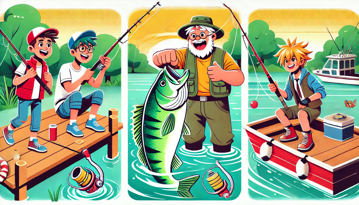 大物を釣った人、親切なおじさん、コスプレ釣り師などSNSで話題になった釣り人のシーンを描いたイラスト