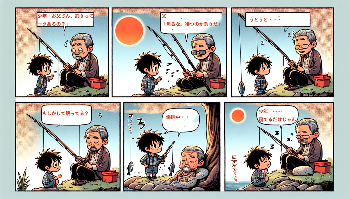 《父との釣り漫画》タイトル:「父の教え」コマ①:少年「お父さん、釣りってコツあるの?」コマ②:父「焦るな。待つのが釣りだ」コマ③:父、釣竿を握りしめたまま爆睡中 コマ④:少年「……寝てるだけじゃん」