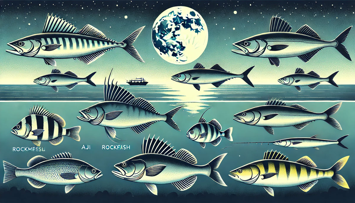 夜の海中を泳ぐ、夜釣りでよく釣れる代表的な魚を描いたイラスト。アジ、メバル、シーバス、タチウオが穏やかな月明かりに照らされながら泳いでいる様子が描かれており、夜釣りのターゲットとして初心者にも分かりやすく示している。
