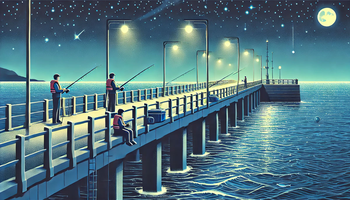 夜釣り初心者におすすめの安全で快適な釣り場を描いたイラスト。整備された防波堤には安全柵と街灯が設置されており、ライフジャケットを着用した釣り人が静かに釣りを楽しんでいる。穏やかな波と星空が安全で落ち着いた雰囲気を表現している。