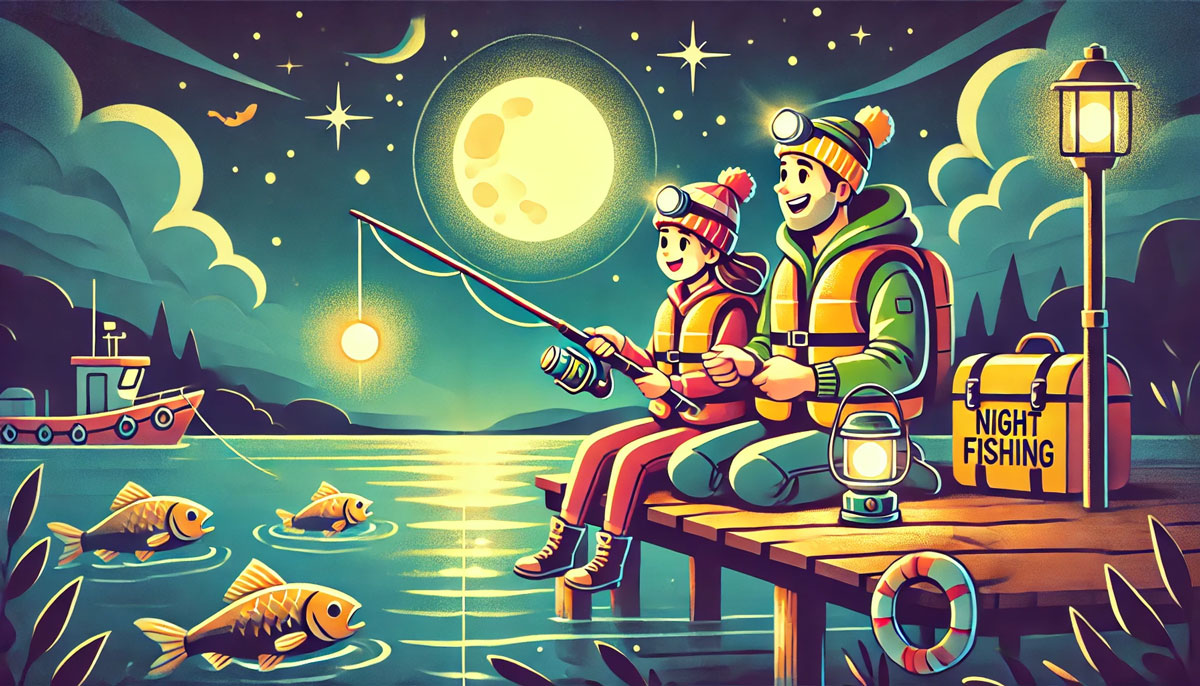穏やかな月明かりと星空の下、安全な装備を身につけて夜釣りを楽しむ釣り人たちを描いたイラスト。防波堤でライフジャケットを着用し、ヘッドランプで手元や足元を照らしながら和やかに釣りをしている様子が描かれ、初心者が安心して楽しめる夜釣りの魅力と安全性が伝わる。