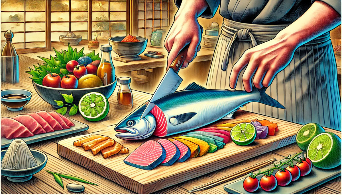 新鮮な魚を捌く様子を描いたカラフルなイラスト。木製のまな板の上に魚が置かれ、鋭い包丁で丁寧に切り分けられている。横には美しく盛り付けられた刺身の皿があり、背景には日本の伝統的な台所の風景が広がる。自然光が差し込み、魚の新鮮さが際立つ情景。