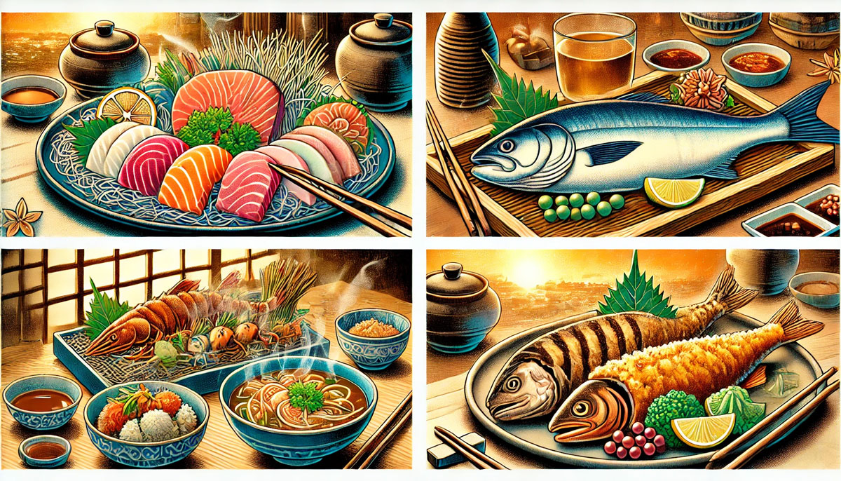 釣った魚を使った美味しい料理を描いたカラフルなイラスト。刺身の盛り合わせ、焼き魚、魚の天ぷら、魚のスープなど、バラエティ豊かな魚料理が並ぶ。背景には温かみのある和風の食卓が広がり、家庭で楽しめる海鮮料理の魅力が伝わるシーン。