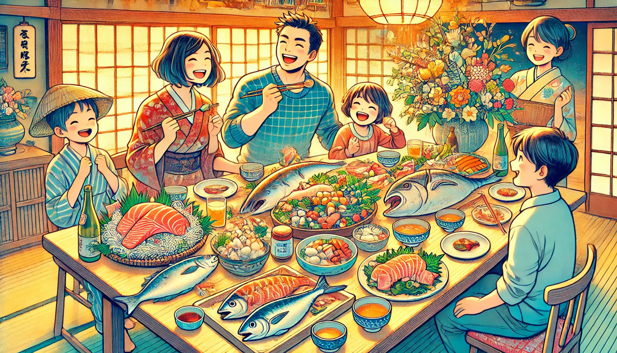 釣った魚を使った家庭の食卓を描いたカラフルなイラスト。刺身や焼き魚、魚のスープなどが並び、家族が笑顔で食事を楽しんでいる。背景には温かみのある日本の家庭の風景が広がり、釣った魚を美味しく味わう喜びが表現されている。