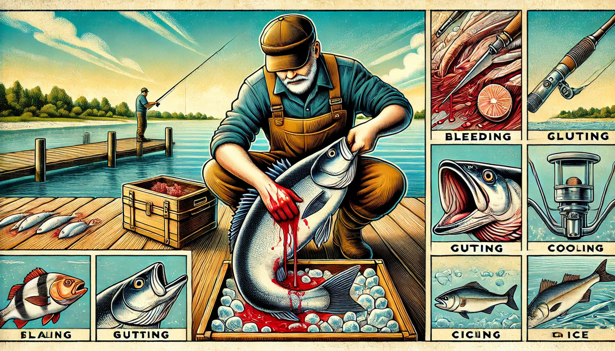 釣った魚の鮮度を保つための処理を描いたカラフルなイラスト。漁師が魚の血抜きや内臓の処理をし、氷水で冷却している様子が描かれている。背景には澄んだ青い水と木製の桟橋が広がり、釣りのシーンがリアルに再現されている。