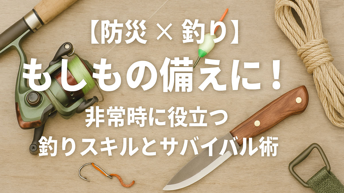 「防災×釣り」をテーマにした優しい印象のアイキャッチ画像。木製背景に釣りリール、ナイフ、ロープ、釣り針などが並び、「もしもの備えに!非常時に役立つ釣りスキルとサバイバル術」の日本語テキストが中央に配置されている。