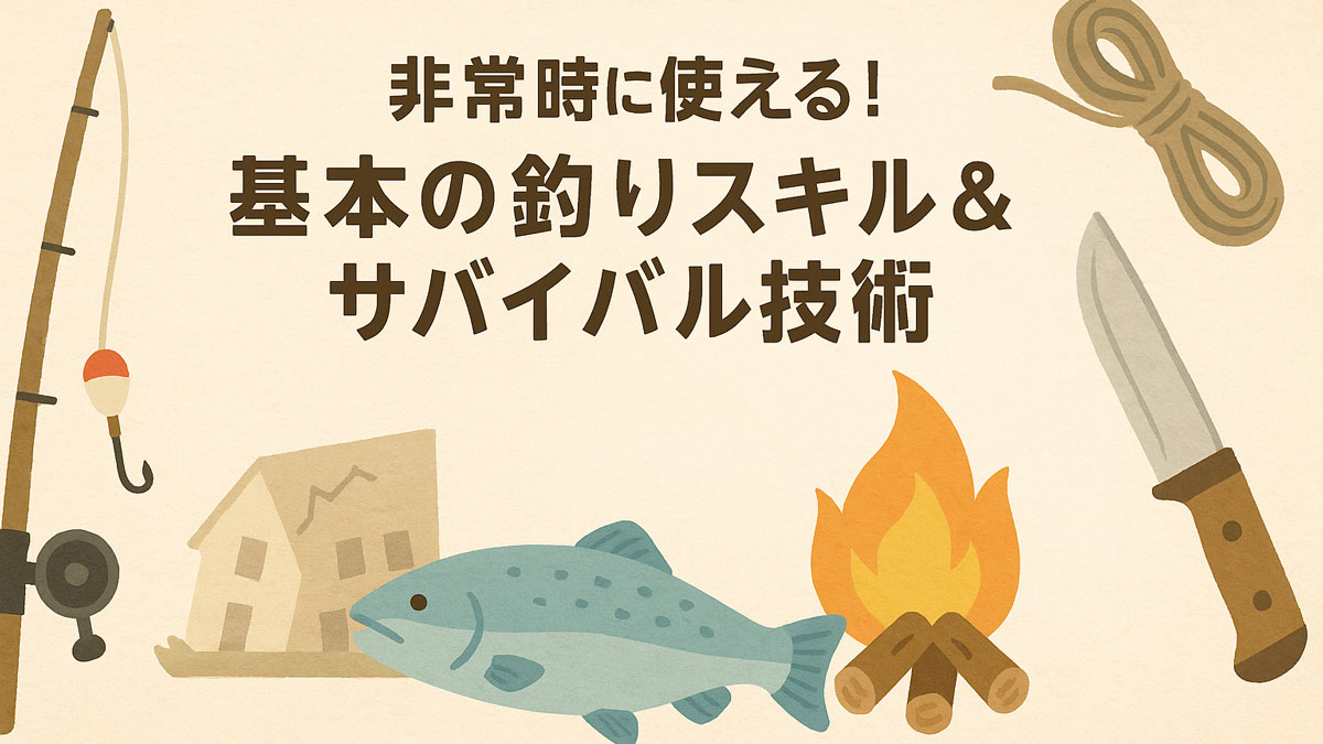 釣り竿、魚、火起こし、ナイフ、ロープなどのサバイバル道具が並んだイラストに、「非常時に使える！基本の釣りスキル＆サバイバル技術」の日本語テキストが中央に配置された、優しいナチュラル系の画像。