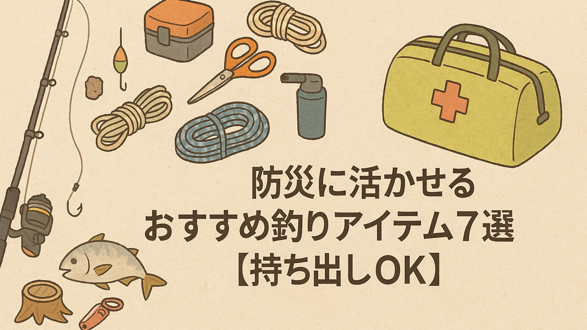 釣り竿、ロープ、タックルボックス、ハサミ、火起こし道具などのイラストと一緒に、「防災に活かせるおすすめ釣りアイテム7選【持ち出しOK】」という日本語テキストが右寄せで配置された優しい印象の16:9画像。