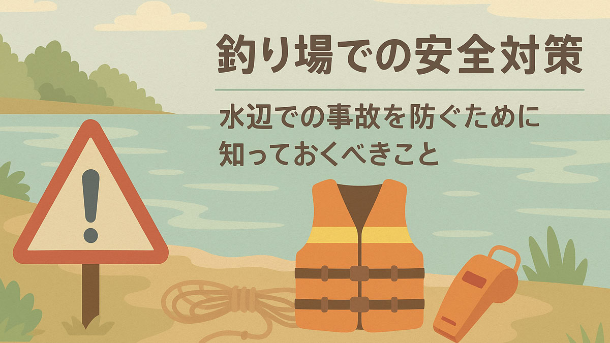 水辺に設置された注意喚起の標識とライフジャケット、ホイッスル、ロープが描かれ、「釣り場での安全対策｜水辺での事故を防ぐために知っておくべきこと」の日本語テキストが中央に配置されたナチュラル系イラスト。