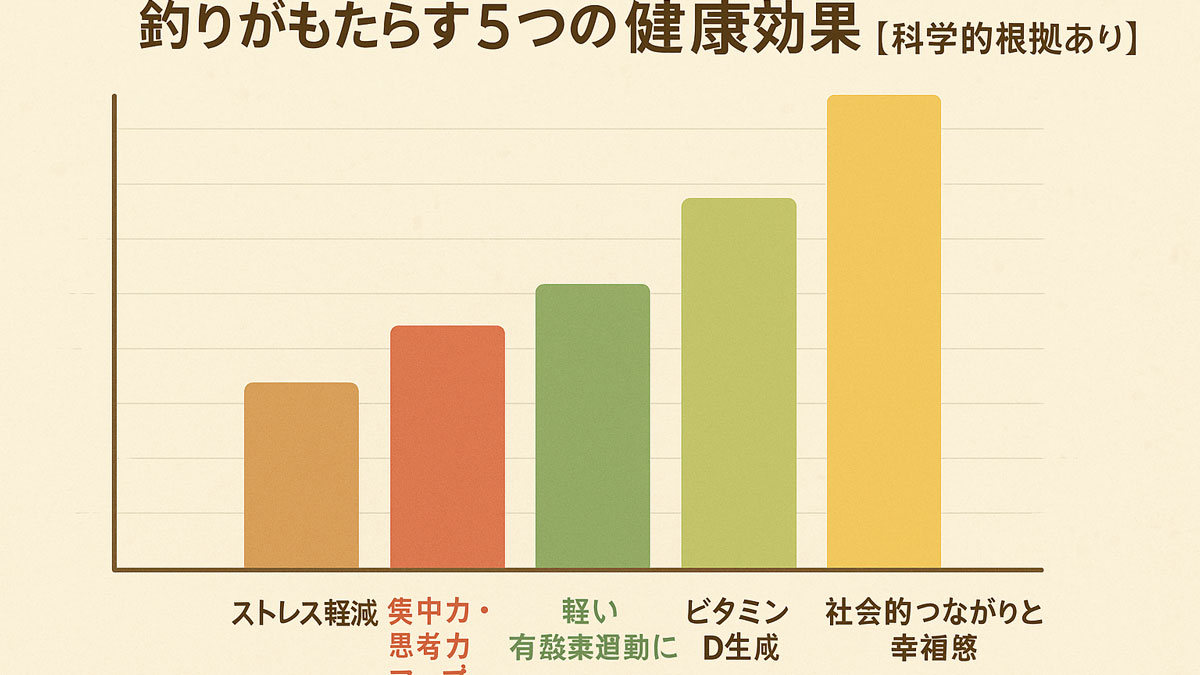 釣りがもたらす5つの健康効果（ストレス軽減・集中力向上・有酸素運動・ビタミンD生成・社会的つながり）を棒グラフで可視化した日本語の図解イメージ。