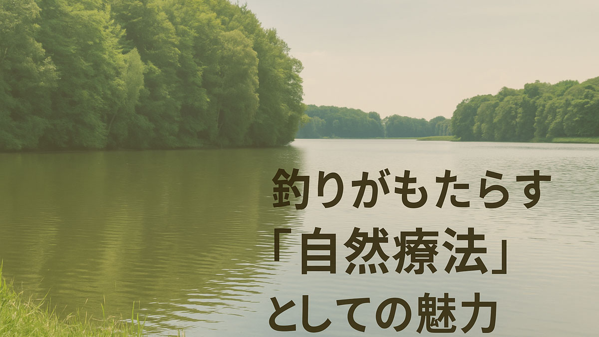 穏やかな湖畔の風景と緑あふれる森を背景に、「釣りがもたらす『自然療法』としての魅力」という日本語テキストが右寄せで配置された優しい雰囲気の画像。