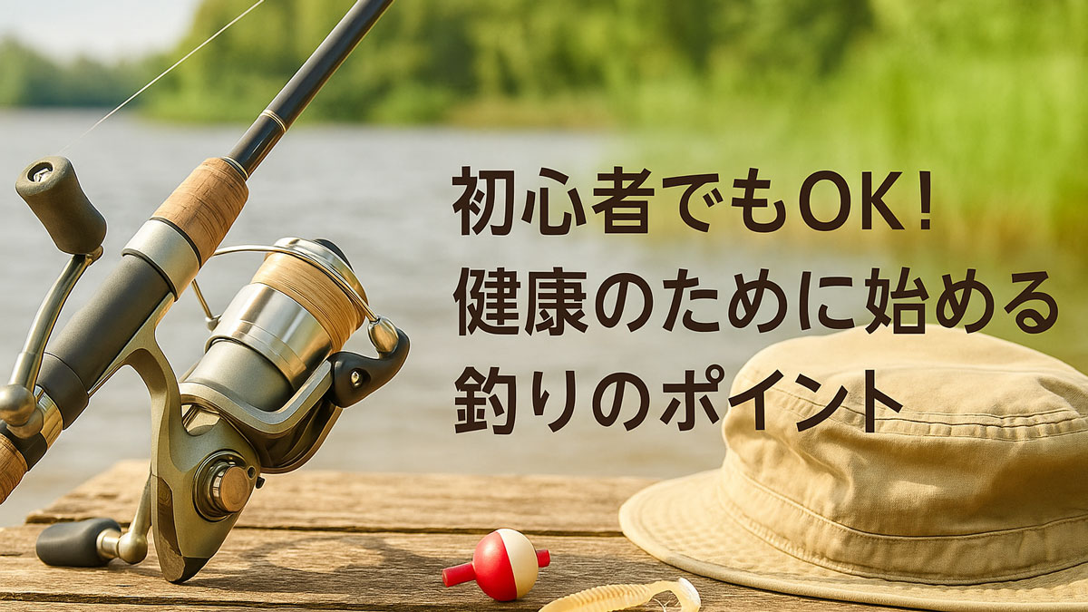 釣り竿・リール・帽子など初心者向けの釣り道具が並ぶ木製デッキと、「初心者でもOK！健康のために始める釣りのポイント」という日本語テキストが右寄せで配置された優しい雰囲気の画像。