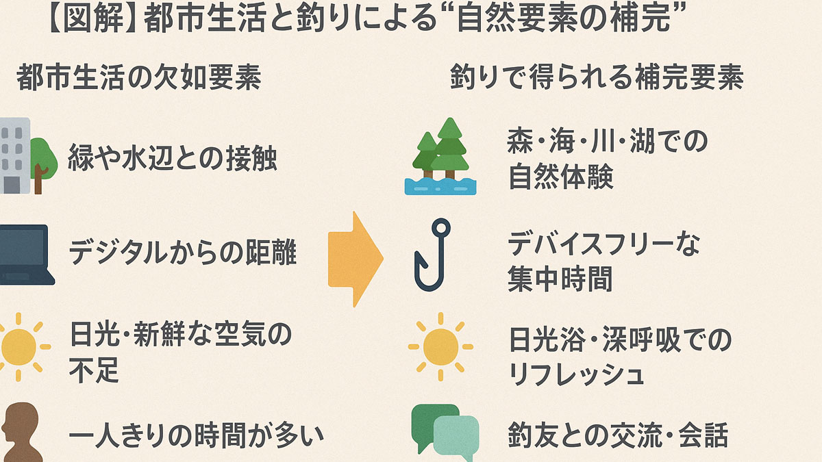 都市生活の欠如要素と、釣りによって得られる自然要素の補完を対比形式で図解した日本語のインフォグラフィック画像